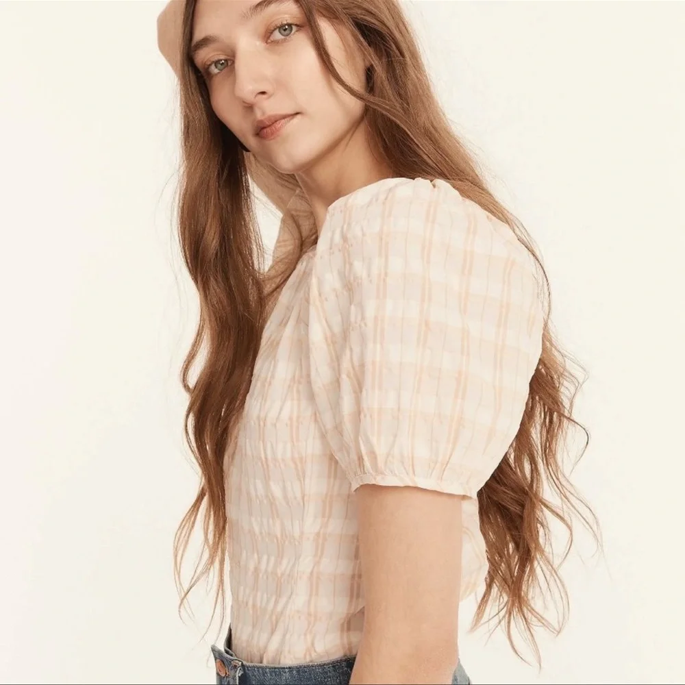 J. Crew V-back Puff-sleeve Top in Textured Plaid Size 2 NWT